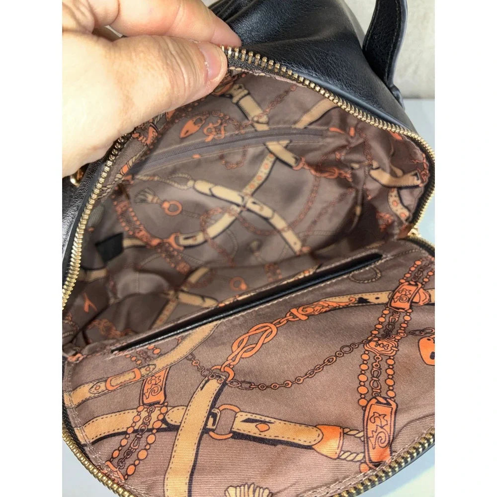 Black Faux Leather Mini Backpack - Small - Gold Hardware Chain Lining Chic Dark